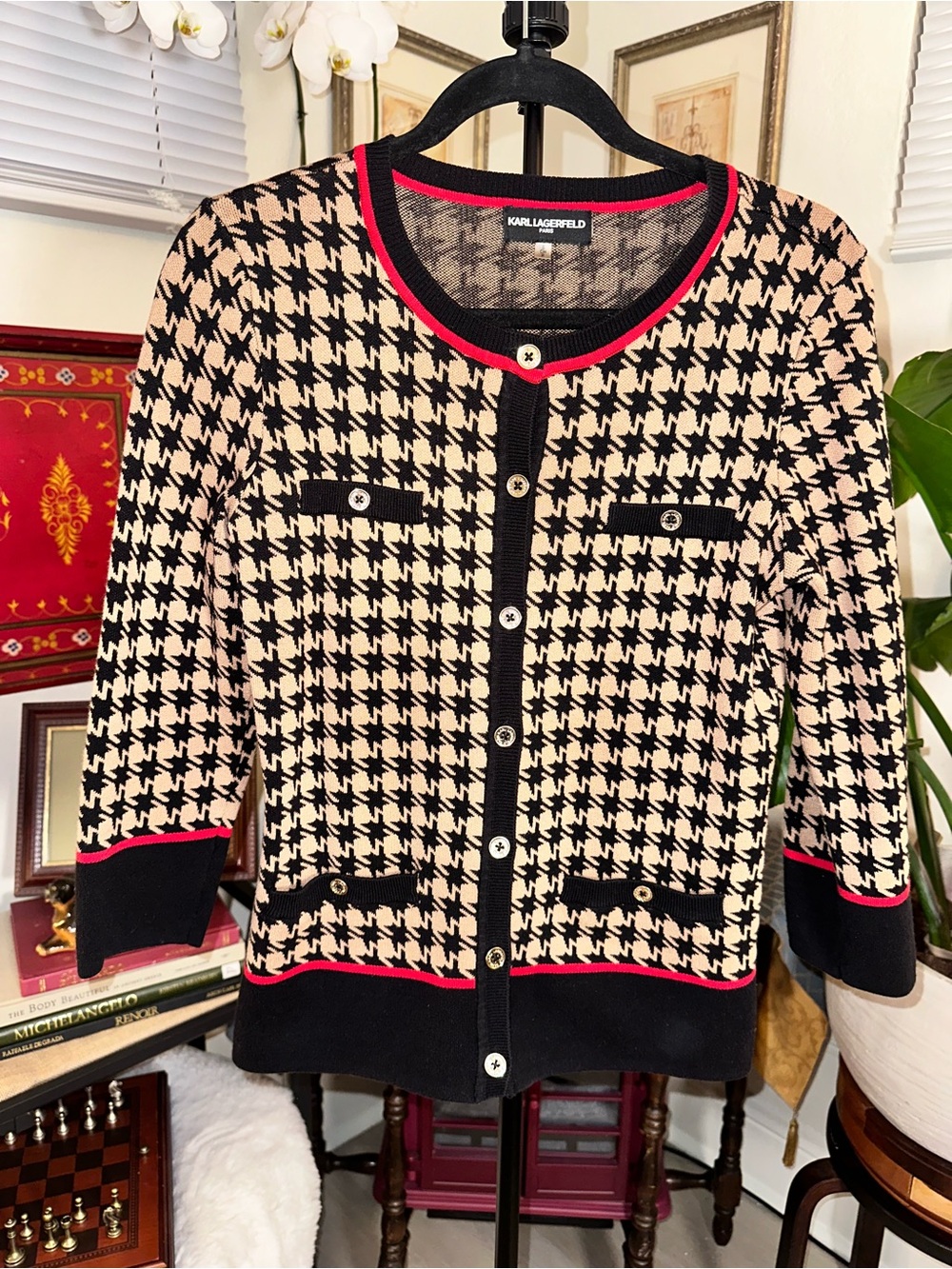 Karl Lagerfeld Black, Cream & Pink Houndstooth Cardigan